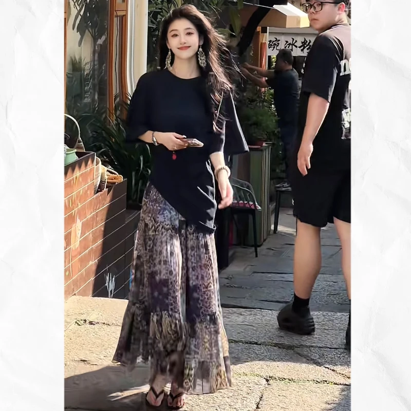 气质飘逸半身裙夏季新款设计感百搭休闲慵懒感中长裙子民族风印花