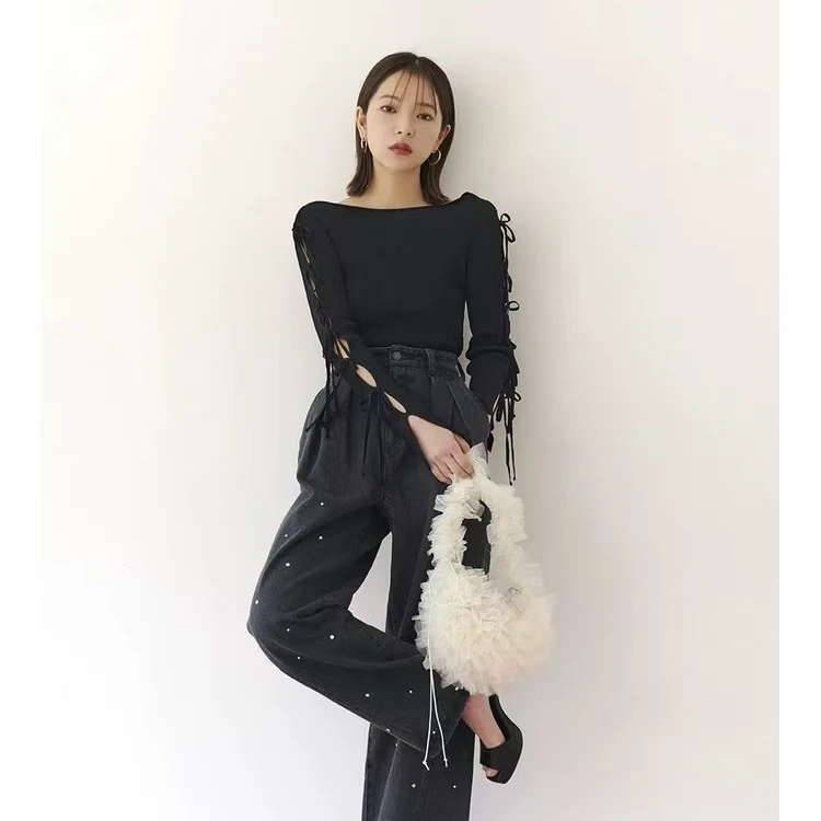 8701 春夏款甜美圆领蝴蝶结系带袖针织衫