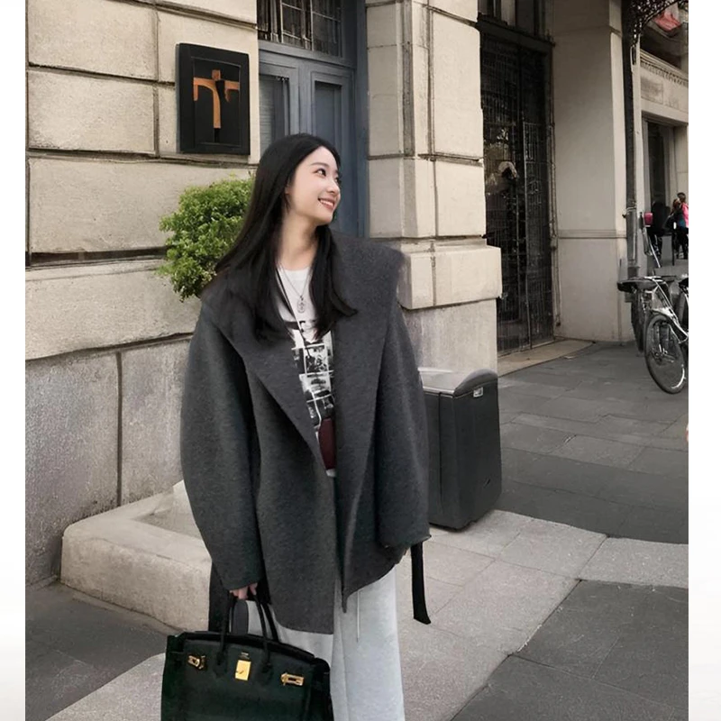 深灰色双面毛呢大衣女2025秋冬新款韩系小个子短款连帽毛呢子外套