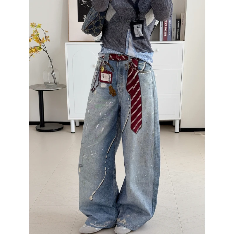 美式高街复古水洗刺绣破洞牛仔裤男女宽松设计感时髦阔腿长裤潮牌