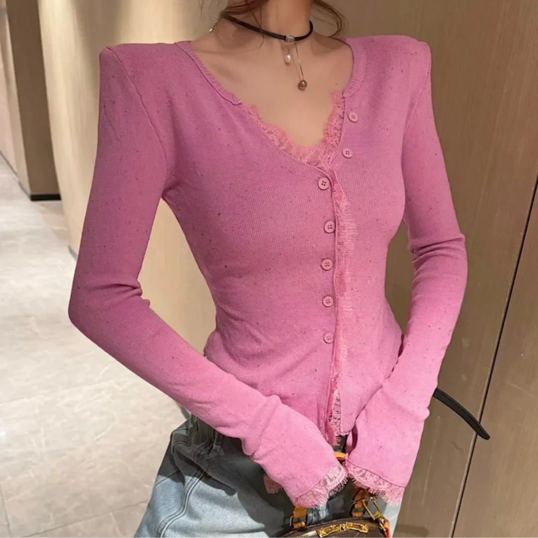 2025早秋新款纯欲辣妹风拼蕾丝边前开口V领针织上衣女薄款显瘦