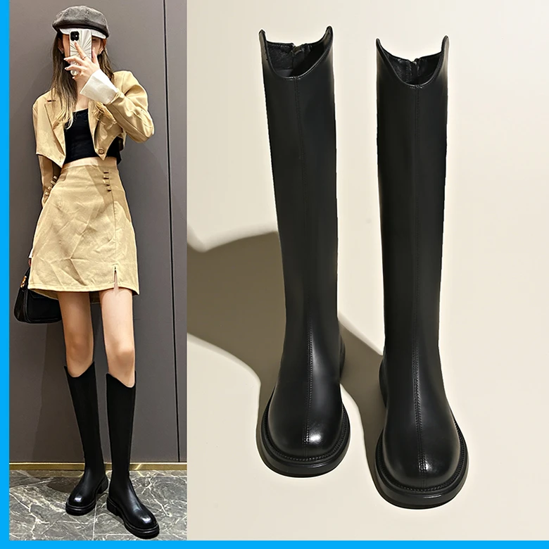 平底长靴女V口加绒秋冬中筒百搭显瘦弹力增高瘦瘦高筒长筒靴