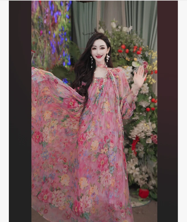 【花中秘境】气质真丝印花舒适宽松时尚清凉女装大摆连衣裙251D591