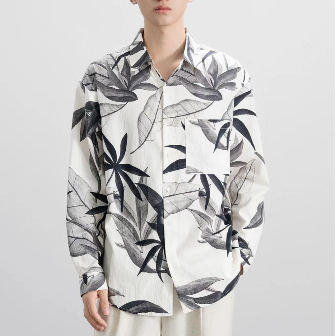 复古花卉水墨画新中式国风男士长袖衬衫潮流文艺时尚宽松痞帅衬衫