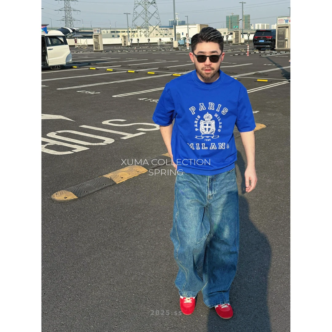 DUPU 2025春夏270g纯棉撞色印花复古运动风宽松短袖T恤
