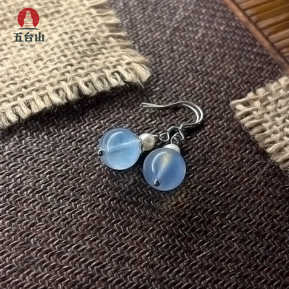 925银耳饰 《贝加尔湖畔》五台 海蓝寶耳饰珍珠925银气质甜美女耳钩
