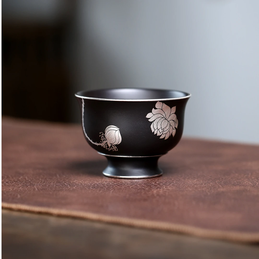 宜兴紫砂手工主人杯手工描银杯，80cc，手工杯