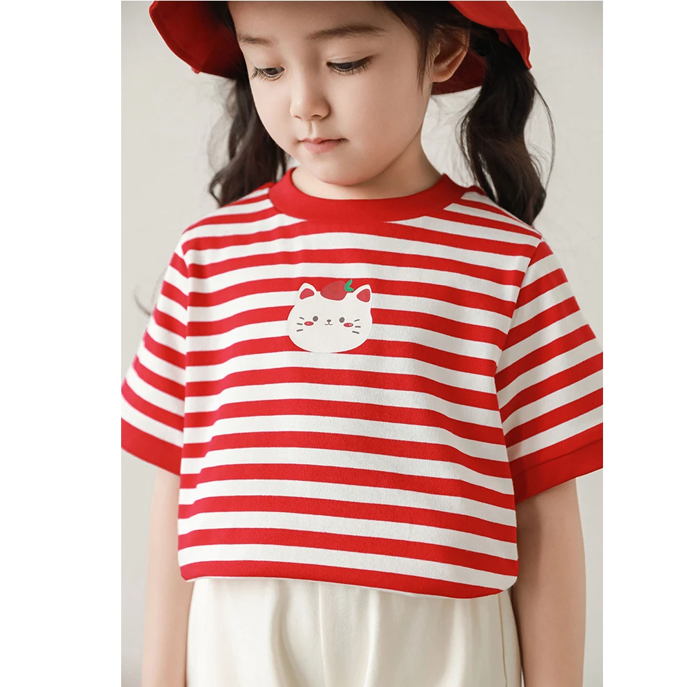 幼悠夏贰波[草莓盛宴]女童夏款原创百搭两色条纹时尚短袖T恤X4912
