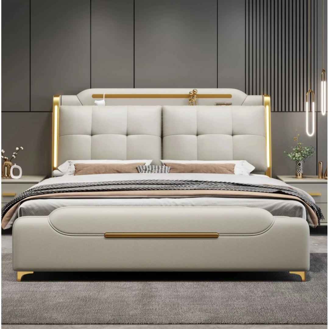床头带灯头层牛皮床轻奢北欧意式免洗真皮床主卧室软包床3635
