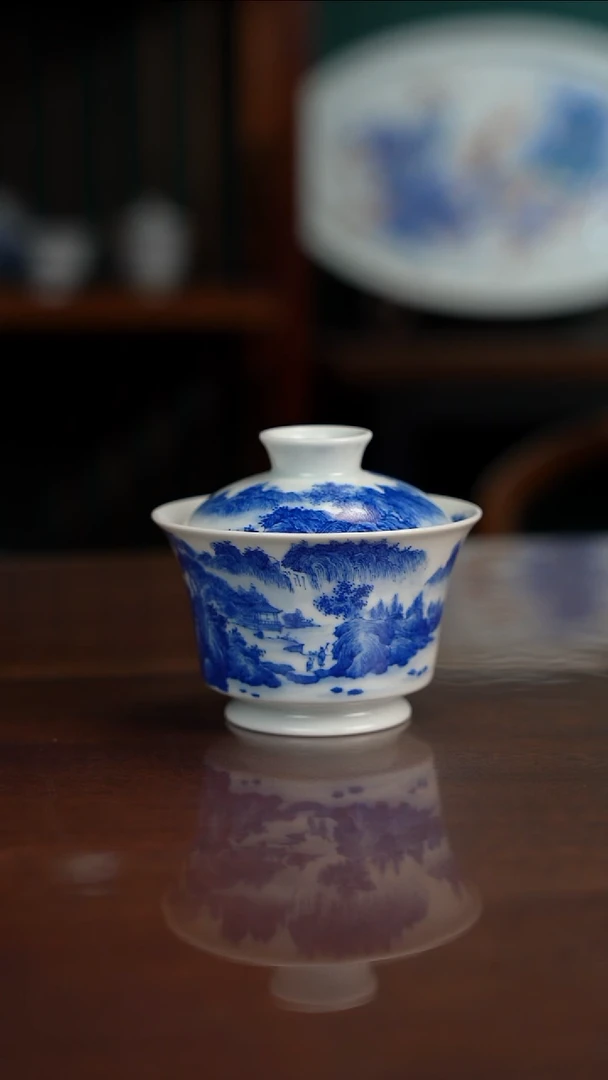 柴窑青花山水盖碗