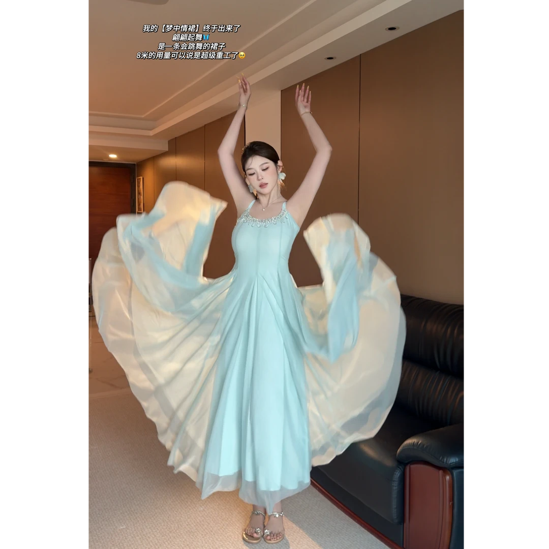 白77-大码女装夏季女主修身超仙水晶钻链网纱大摆吊带连衣裙12575