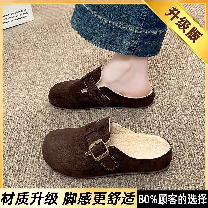 修面皮纯色搭扣软底包头拖奶奶鞋包头款脚感韩版凉拖