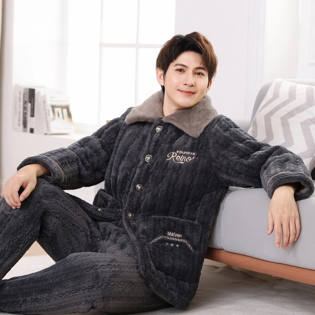 【A136冬季加大新款特厚睡衣】男士冬季加绒加厚睡衣家居服可外穿