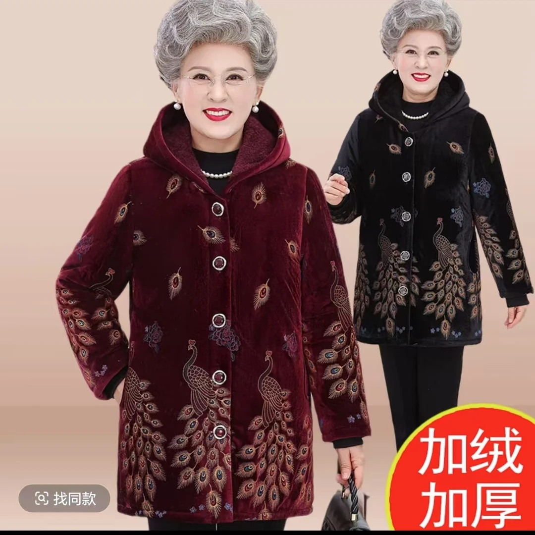 7948中老年人女外套大衣妈妈装连帽加厚上衣老人棉衣老仓库2楼
