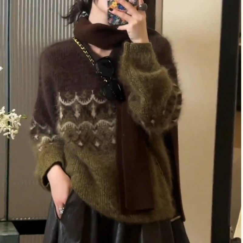 美拉德复古时髦上衣新款2025秋冬大码女装撞色提花小众针织毛衣潮