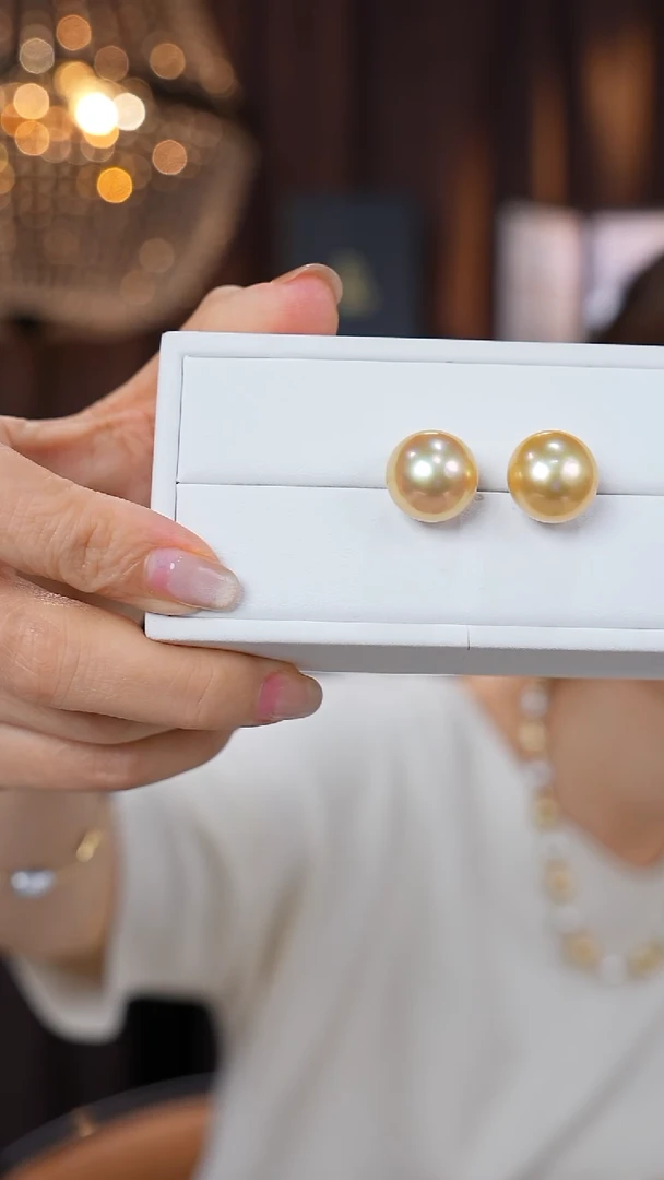 18K金镶嵌耳钉海水珍珠金珠14-15mm