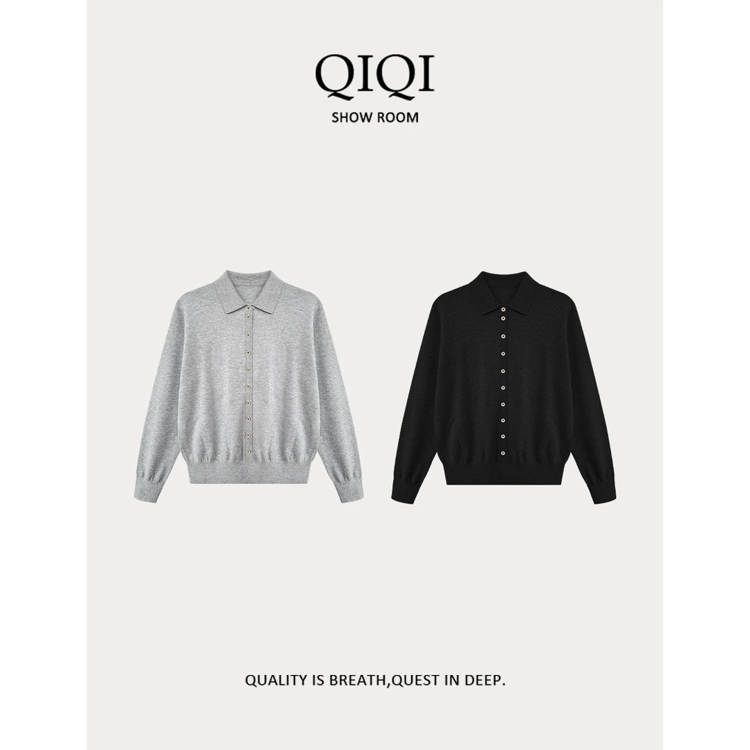 QiQi “可机洗”美丽奴羊毛混纺polo领针织衫
