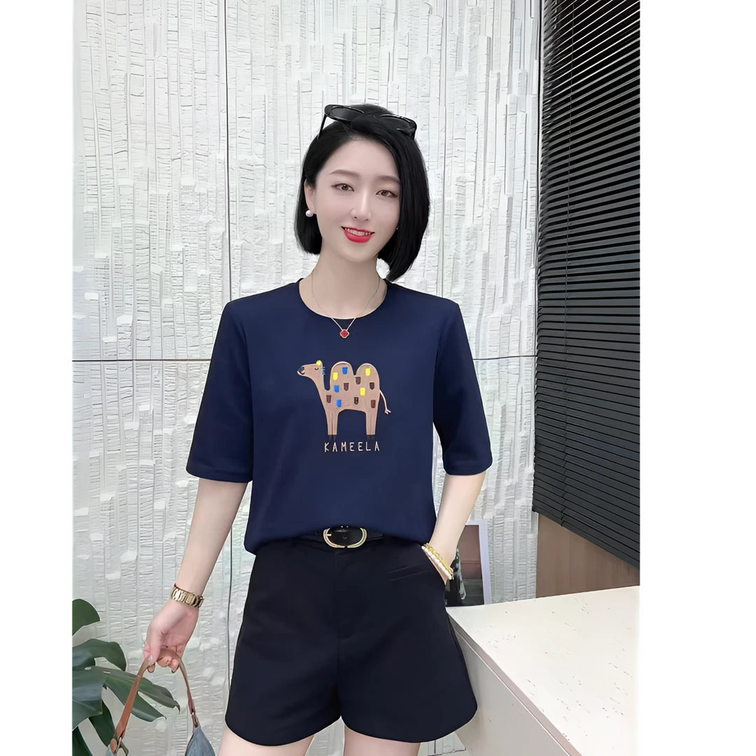 【玲子现货】 810 欧美风刺绣卡通元素中袖圆领T恤 五分袖