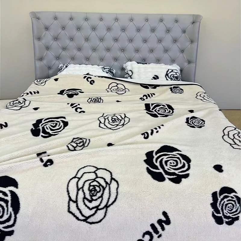 【外贸双层毛毯】2.0*2.3CM 简约山茶花加厚复合一体 双人盖毯 绒毯