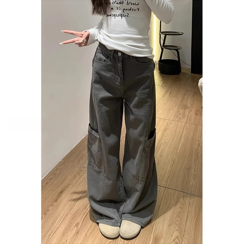 灰色阔腿工装裤女夏季新款胖mm大码宽松梨型身材显瘦直筒牛仔裤子