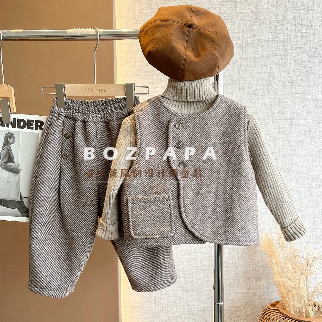 现货啵小爸【奶霜贝果】2024春秋冬季男童韩系设计感马甲加厚三件套