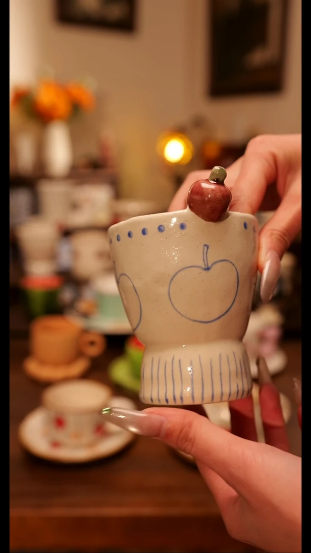 陶瓷便携款粗陶磨砂小苹果手作  手绘釉下彩