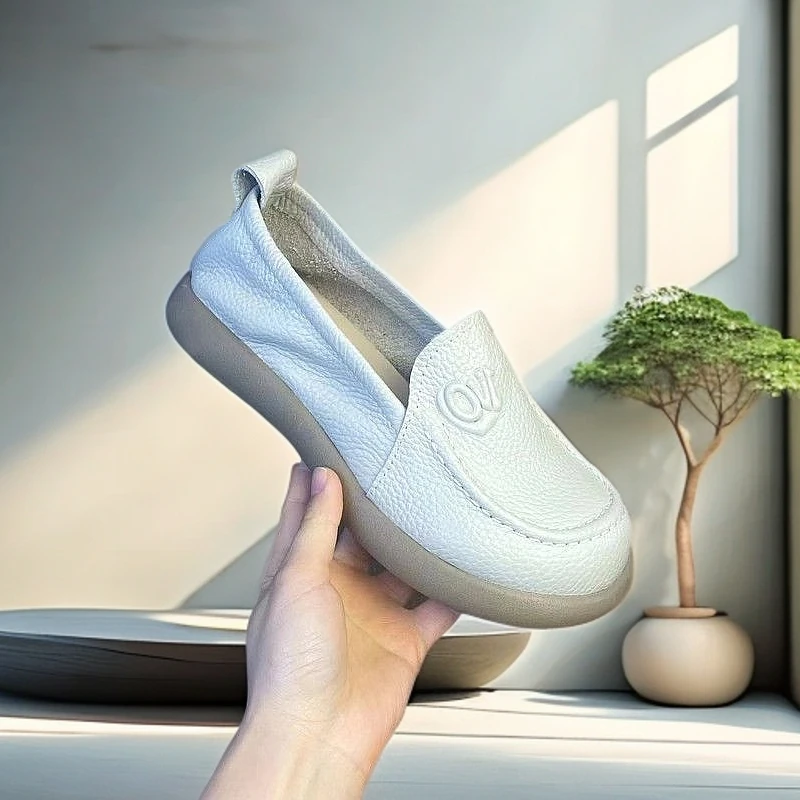 真软皮小白女单鞋豆豆鞋平底妈妈鞋春季休闲鞋四季软底一脚蹬皮鞋