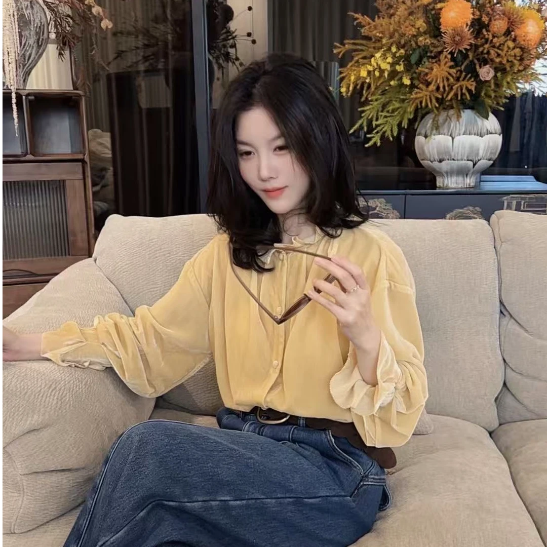 【悦悦专属】秋冬设计感洋气压褶立领丝绒衬衣Y1226