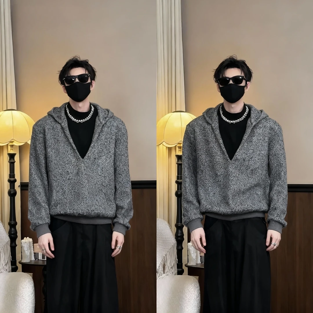 时尚慵懒高级感美式复古男士秋冬小众设计感假两件连帽宽松卫衣