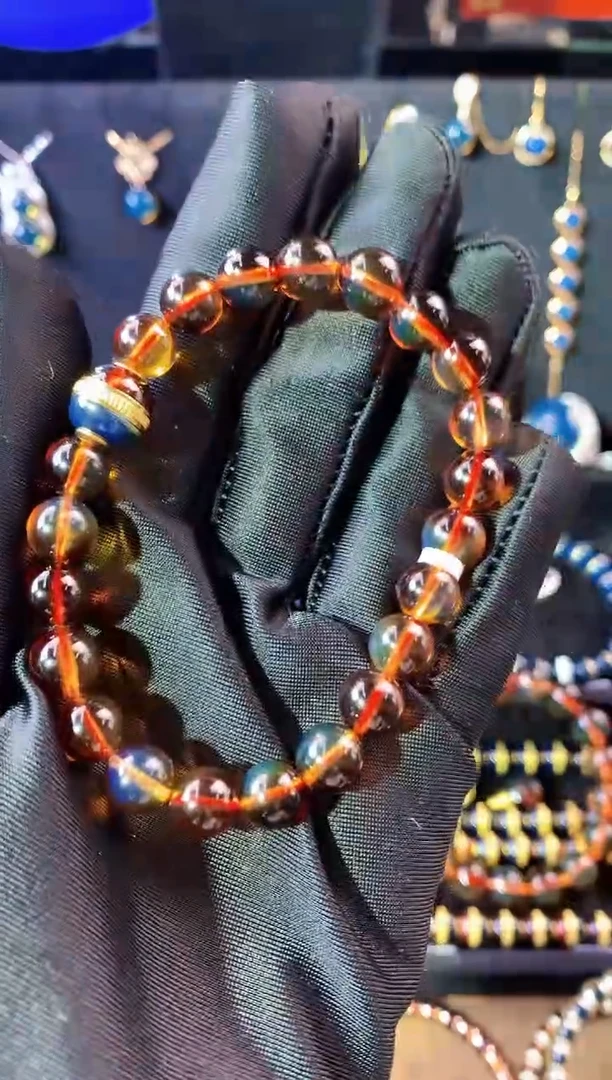 【闪购商品】琥珀珠宝奇石银S925镀金镶嵌8MM红蓝+汉堡珠