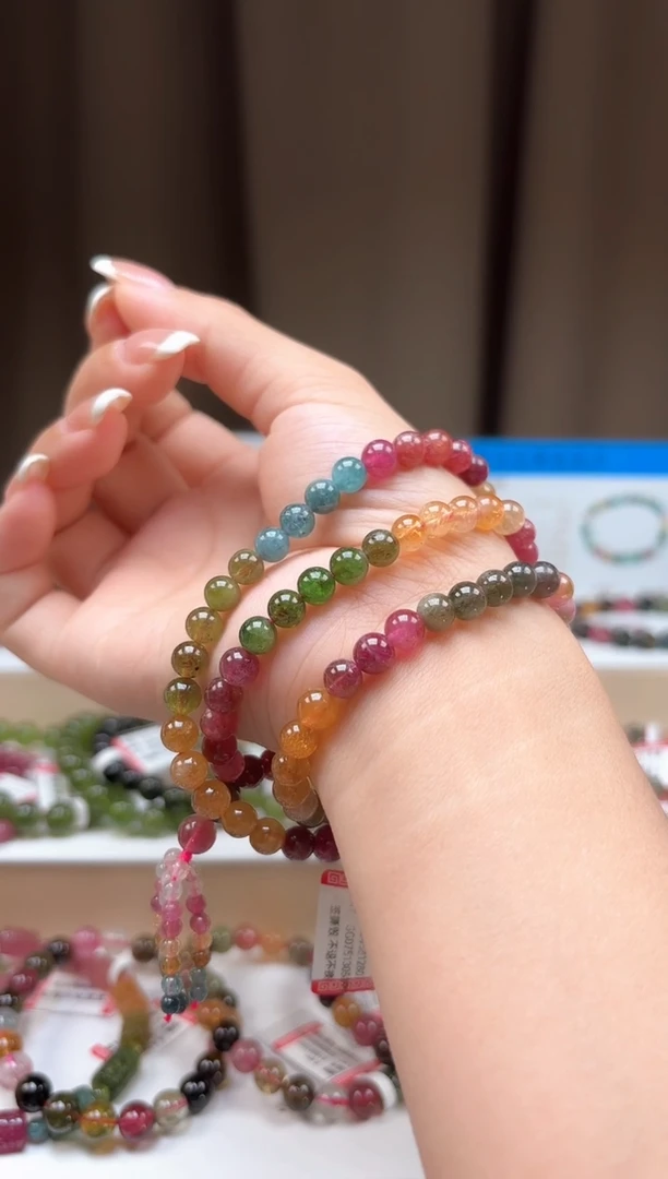 未镶嵌手链碧玺6.3mm巴西老料高冰透艳丽彩虹色碧玺三圈手链