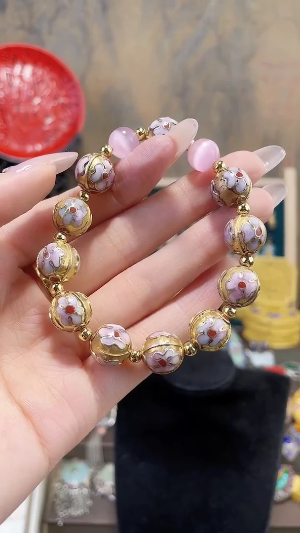 非遗景泰蓝金地手串瓜棱1.2粉双珠