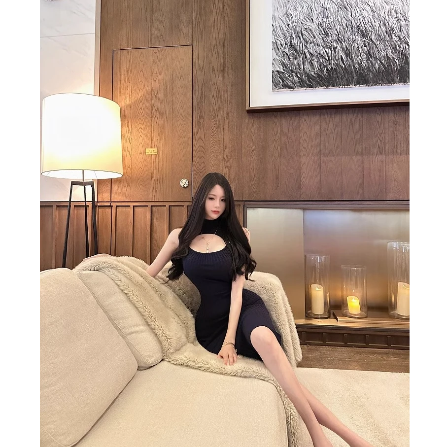 向晚·顶美滤镜蓝调纯欲镂空针织连衣裙女显瘦性感包臀裙长裙