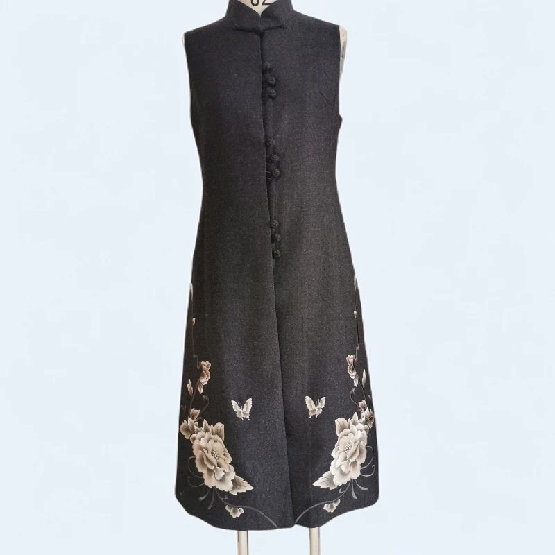 格格  深灰羊毛中国风气质绣花长款马甲G84EM021498