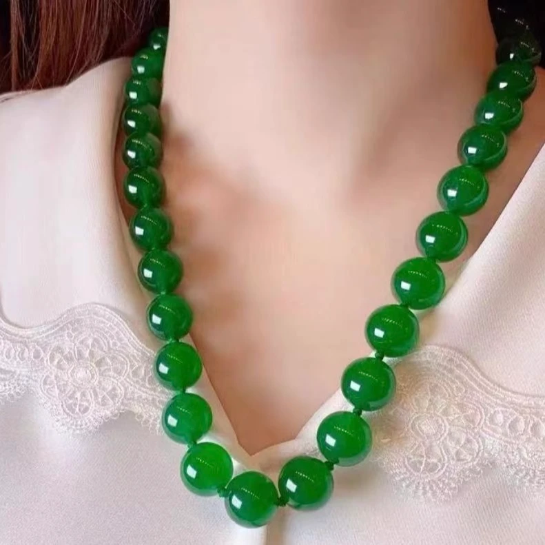 高端上档次真玉石卡12mm项链大圆珠大颗粒时尚绿玉髓项链锁骨链女