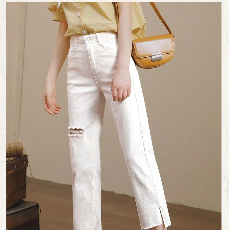 破洞高腰牛仔裤女小个子修身薄款弹力春夏白色显瘦开叉直筒九分裤