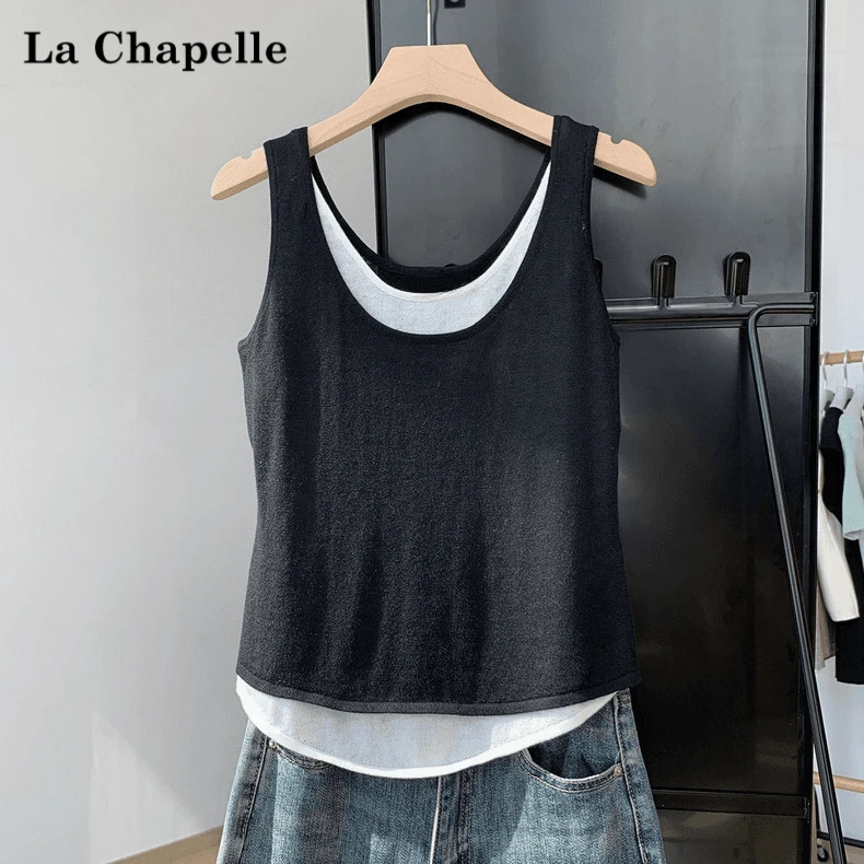 拉夏贝尔春夏季假两件吊带背心大码宽松遮肚内搭百搭外穿无袖上衣