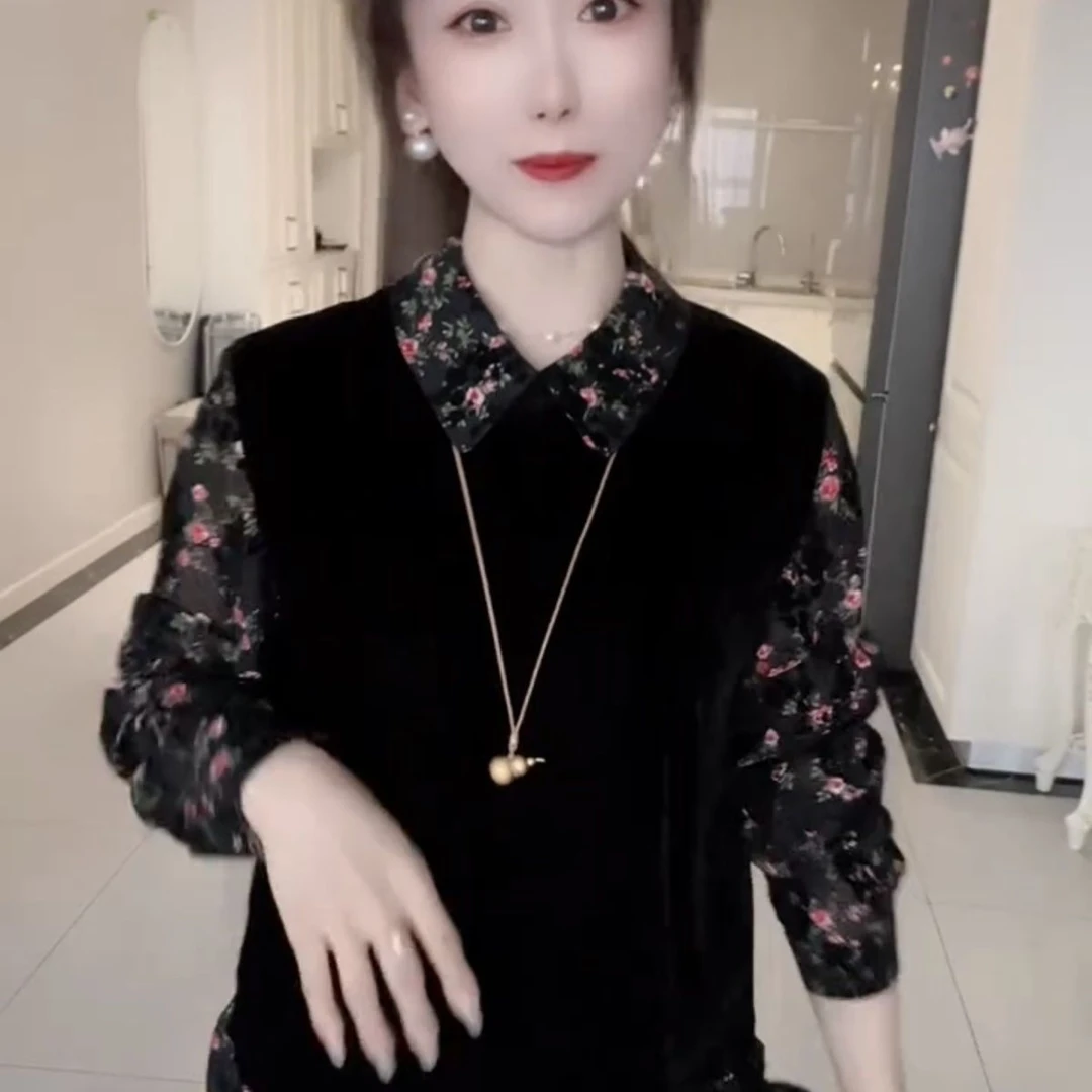 现货成人碎花植绒冬季拼接衬衫小衫打底蕾丝ins外套