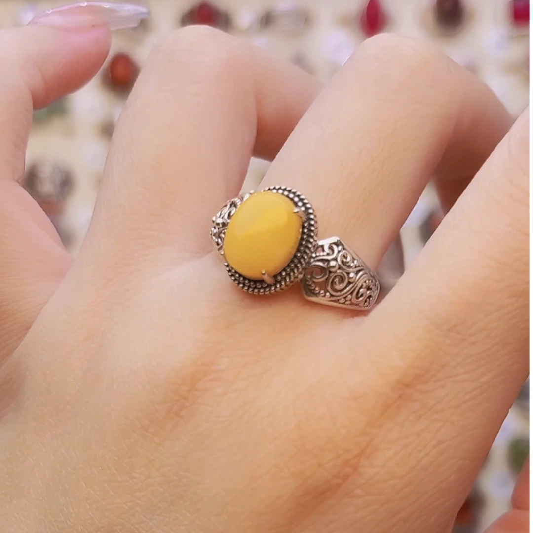 S925通体银镶嵌蜜蜡琥珀戒指精致款新中式国潮风