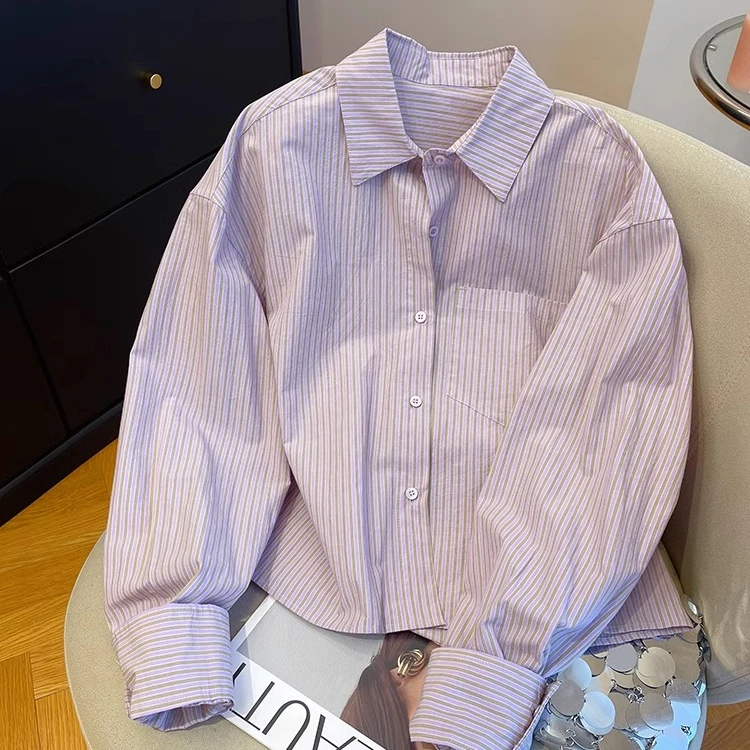 1091条纹衬衫女春季新款宽松长袖休闲时尚叠穿小个子短款外套上衣