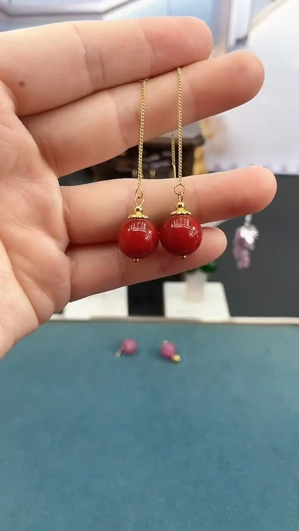 银S925镶嵌南红玛瑙耳饰12mm红珠耳线