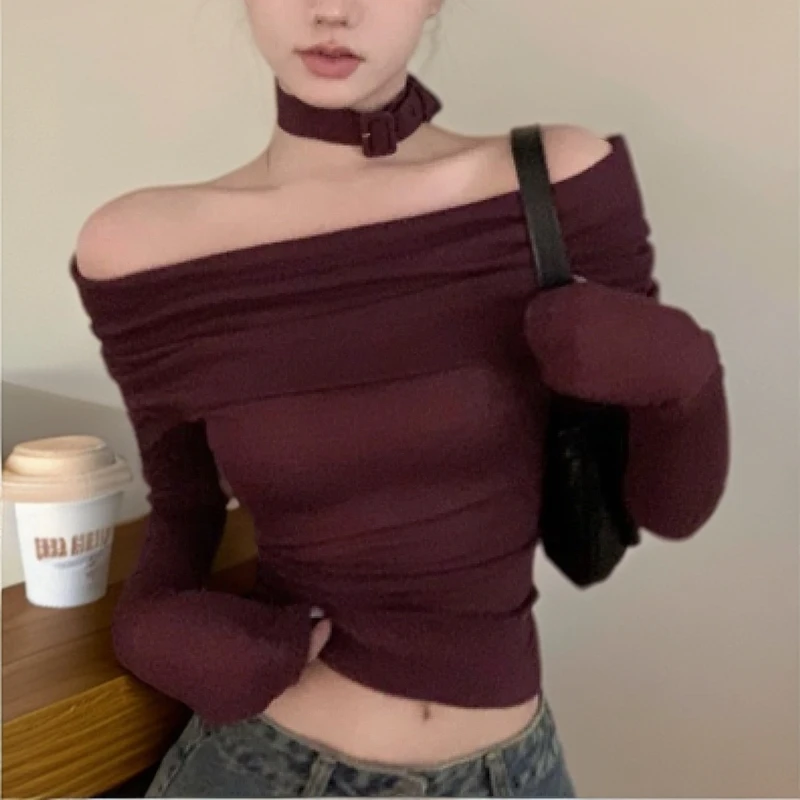 纯欲一字肩针织短款打底长袖T恤设计感露锁骨修身百搭褶皱上衣潮