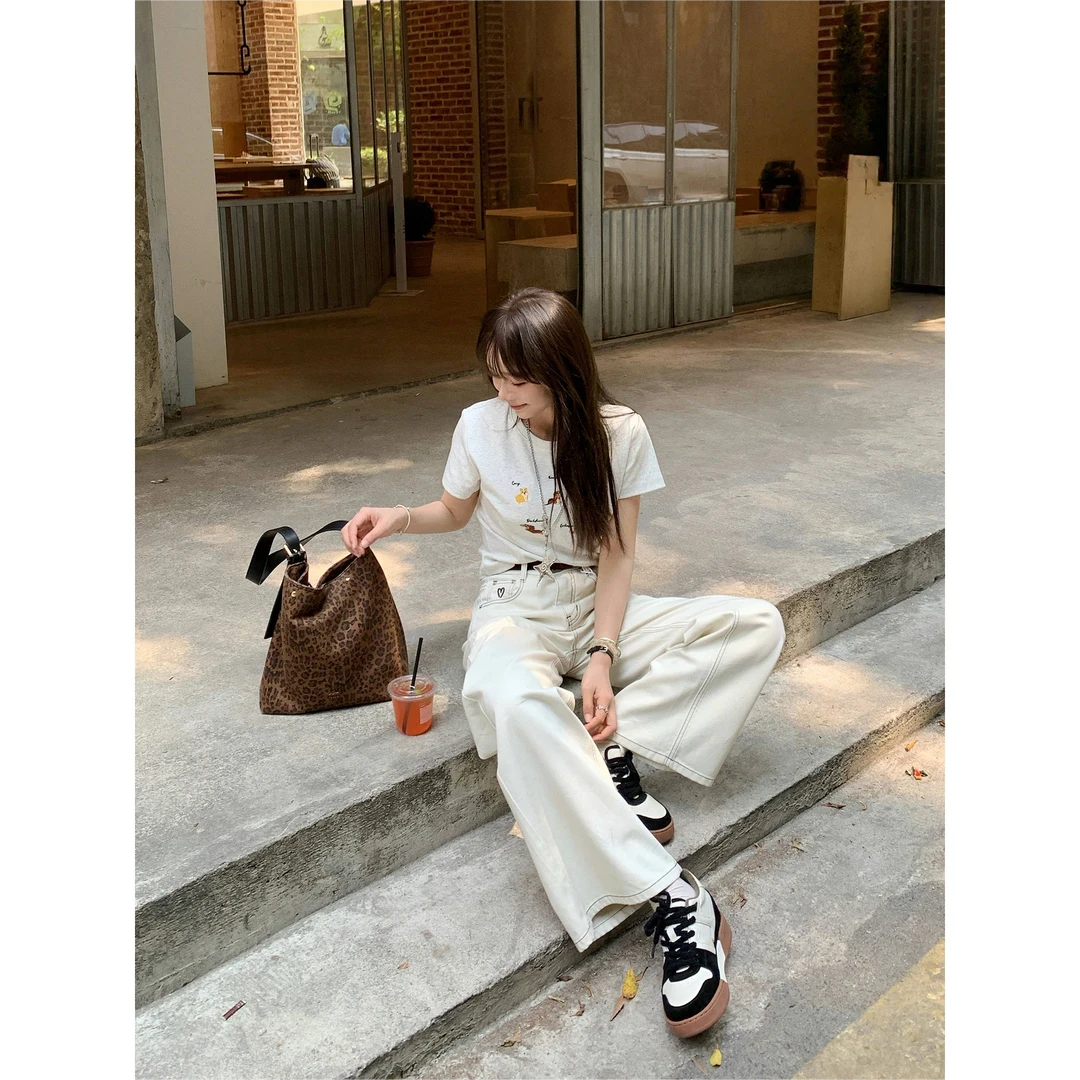 米杏色阔腿牛仔裤款高腰小众设计感宽松显瘦垂感百搭直筒裤W2779