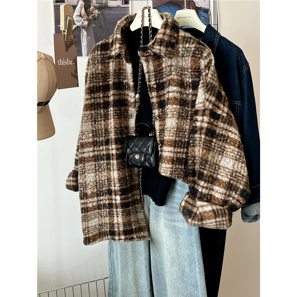 复古格子中长款毛呢外套女2025新款冬季撞色休闲衬衣加厚宽松上衣