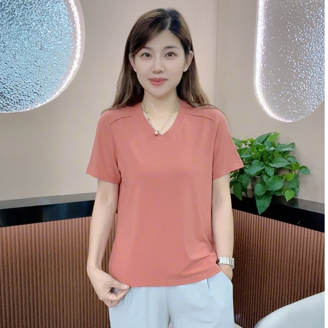 怡特美夏季防紫外线冰感比特棉修身显瘦百搭V领女装短袖T恤FS8912