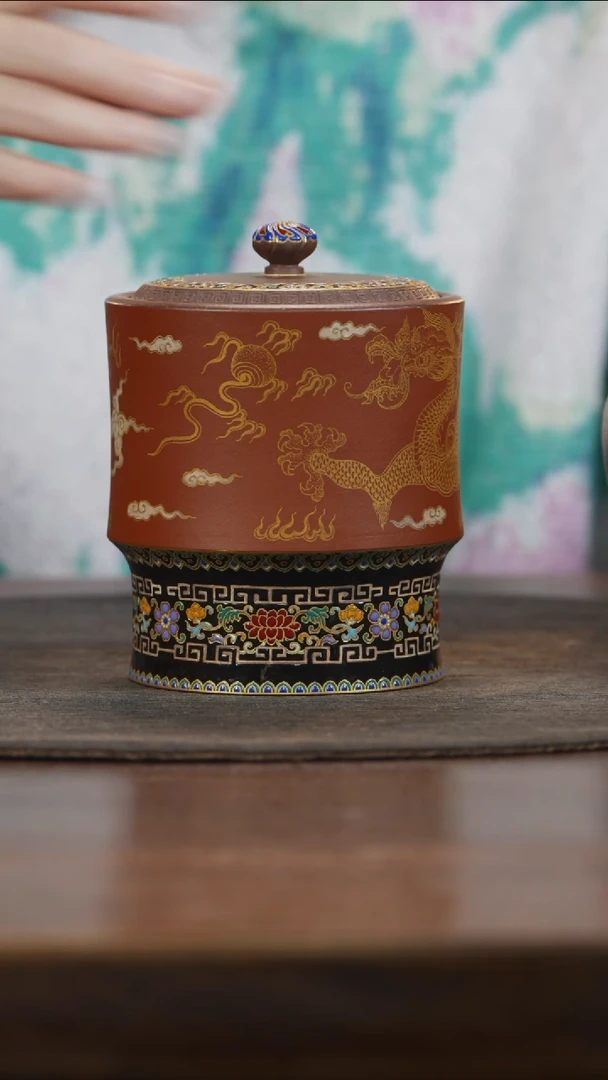 【闪购商品】紫砂茶叶罐梵陌钮朱泥窄底珐琅彩蕴金金龙