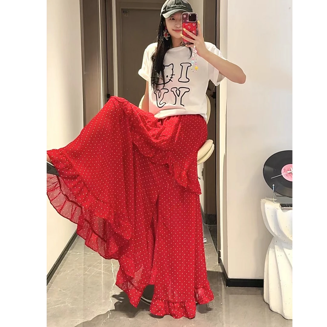 【子在专属夏日波点】新款高腰显瘦开叉花边裙摆波点不规则女半身裙