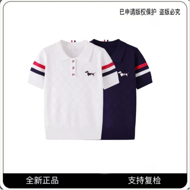 小狗刺绣菱格翻领polo衫女韩版条纹正肩上衣X003