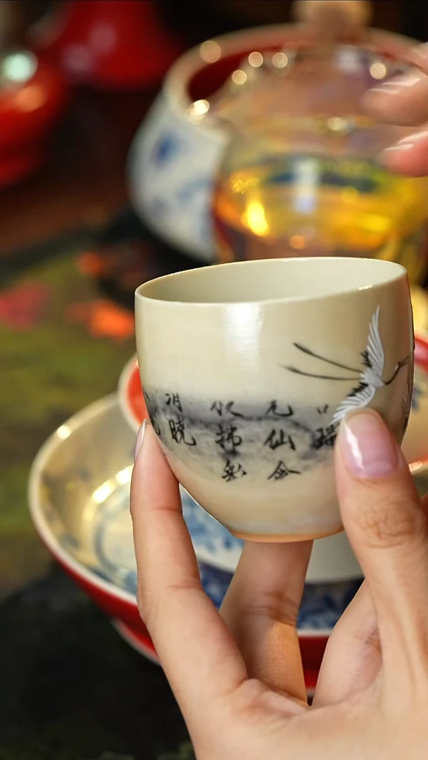 景德镇高温窑变仙鹤手绘主人杯370