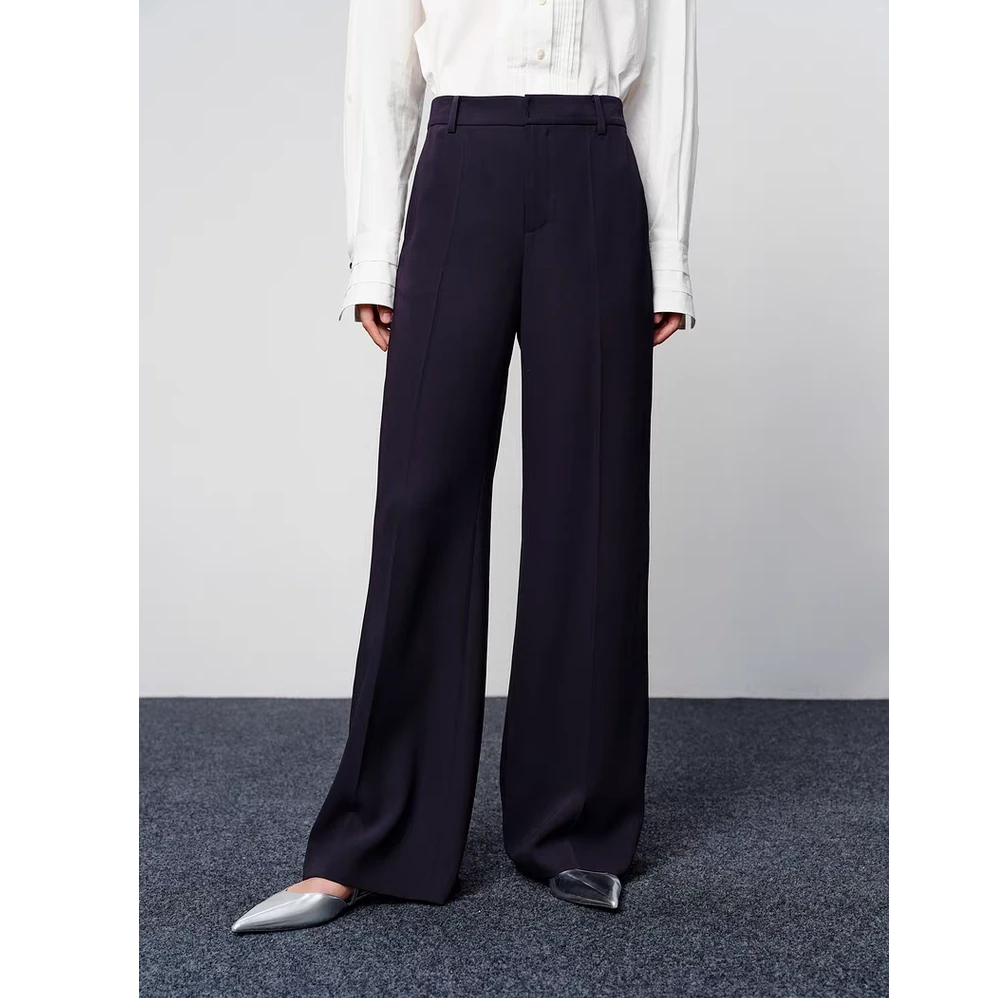 慕卿夏新款藏青色显腿长跳舞宽松通勤斜纹醋酸微喇叭裤MQ5A033